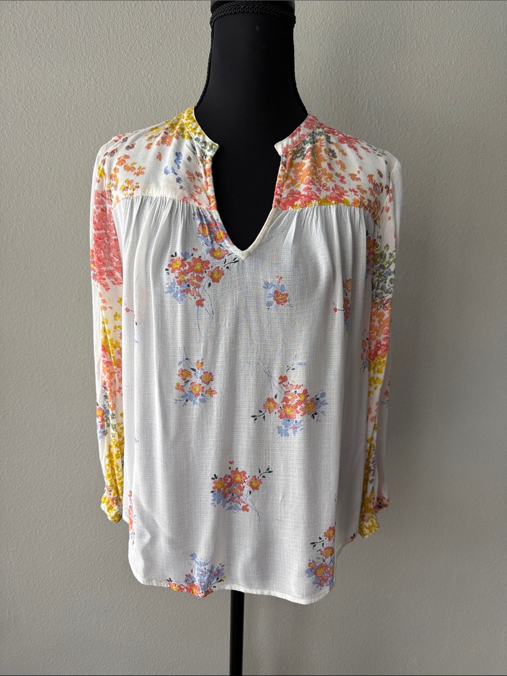 Lucky Brand White Floral Split-V Blouse with Pink, Yellow & Blue Accents